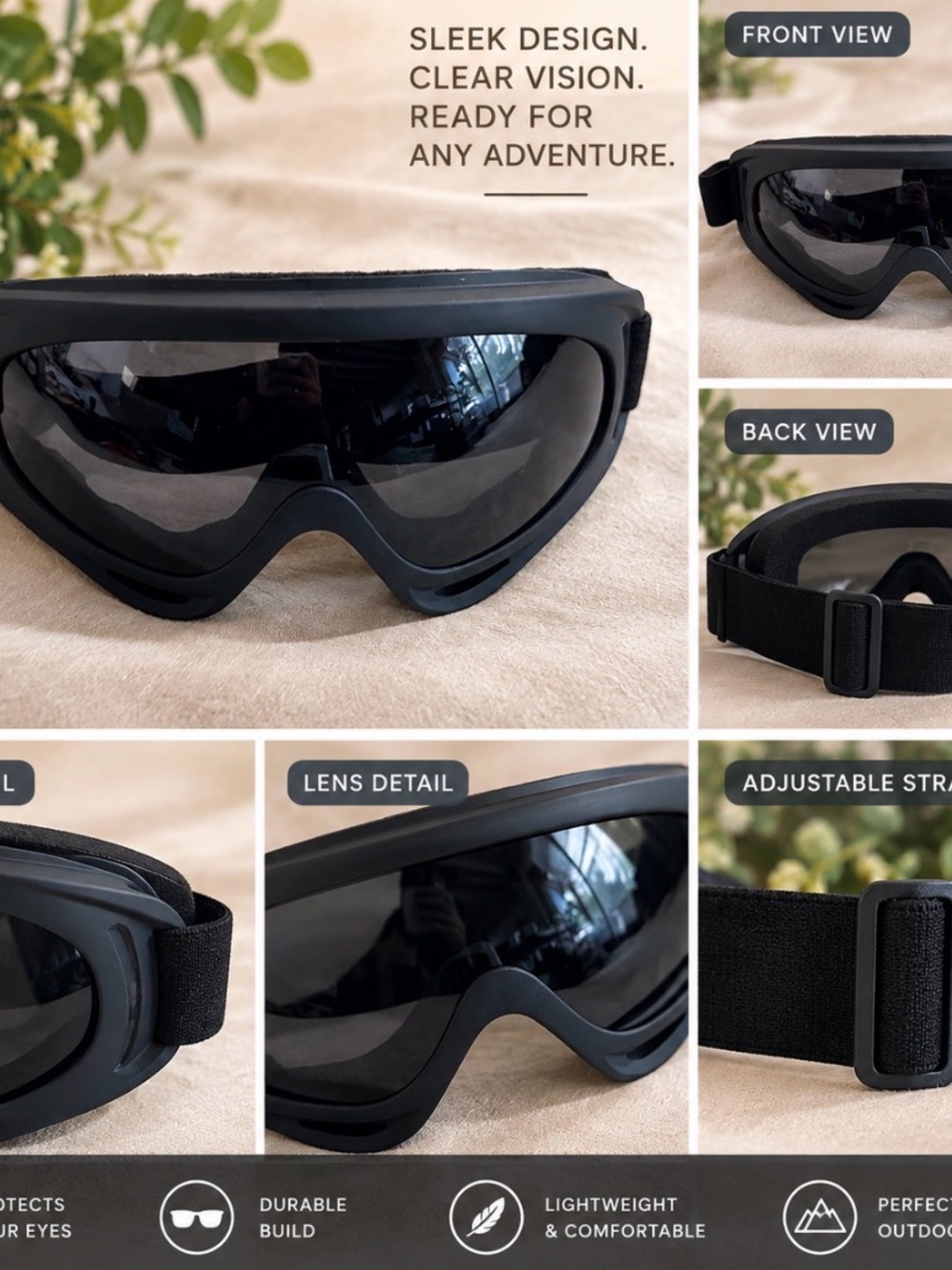 Black Tactical Protective Goggles with Adjustable Strap - Unbranded